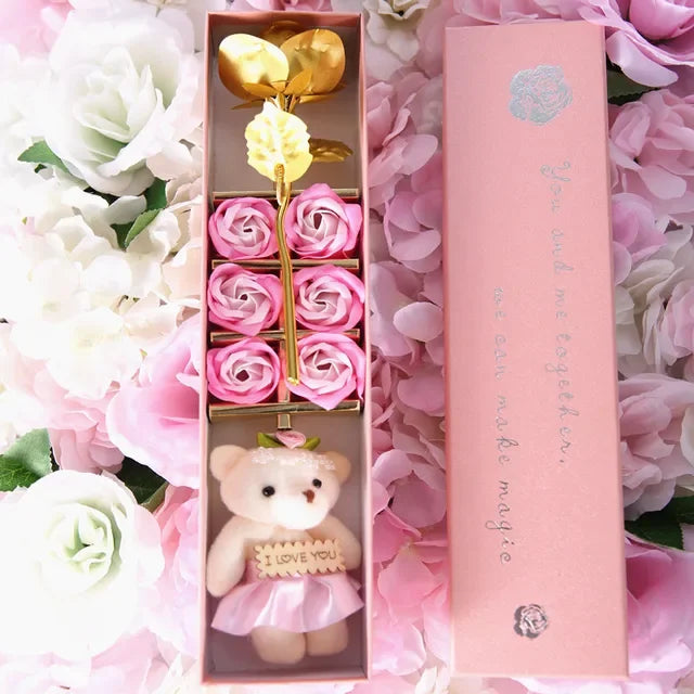 Le Coffret Premium "Déclaration Totale" - Rose d'Or, Fleurs & Ourson